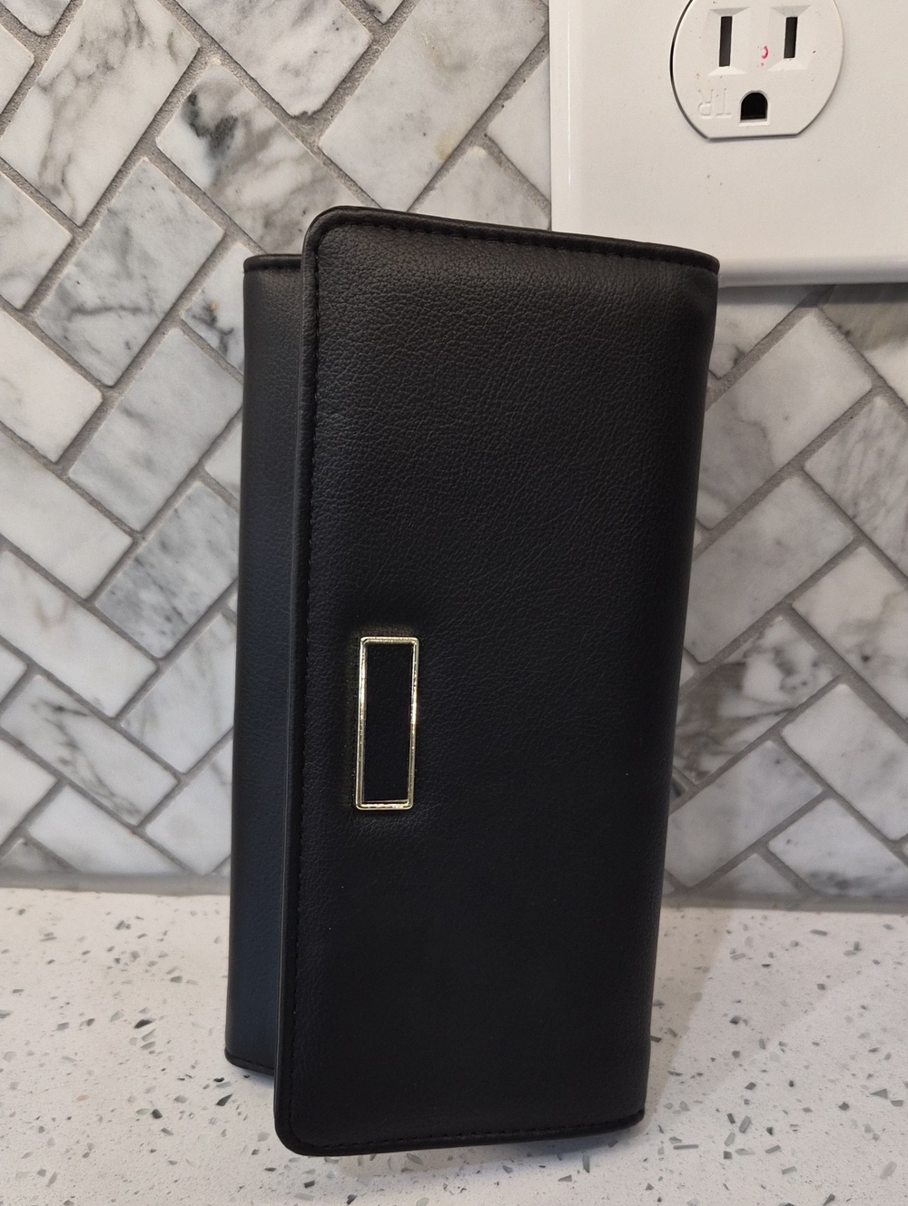 Black Faux Leather Wallet Clutch with Gold Accent